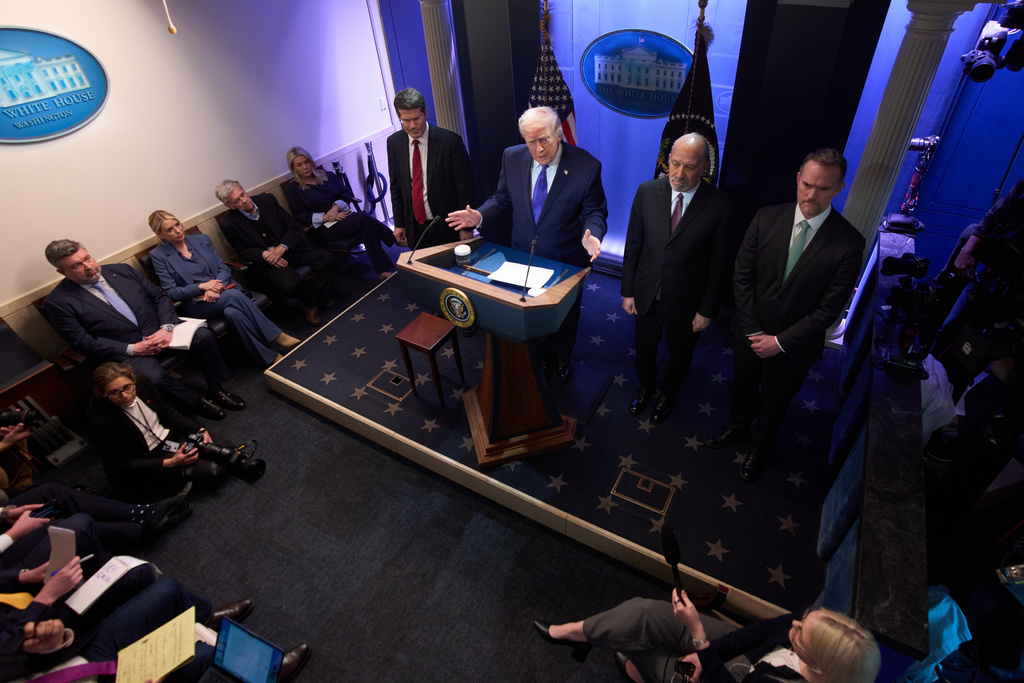 President Donald Trump speaks during a press briefing at the White House, Friday, Feb. 20, 2026, in Washington. (AP Photo/Evan Vucci)