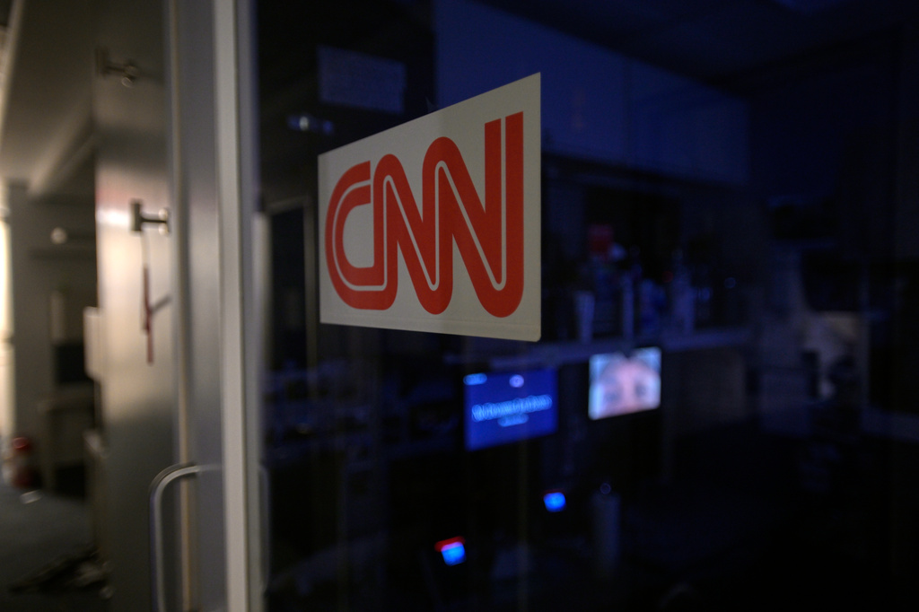 A logo on a booth for CNN is seen in the press area at the White House, Saturday, Sept. 26, 2026, in Washington. (AP Photo/Rod Lamkey, Jr.)