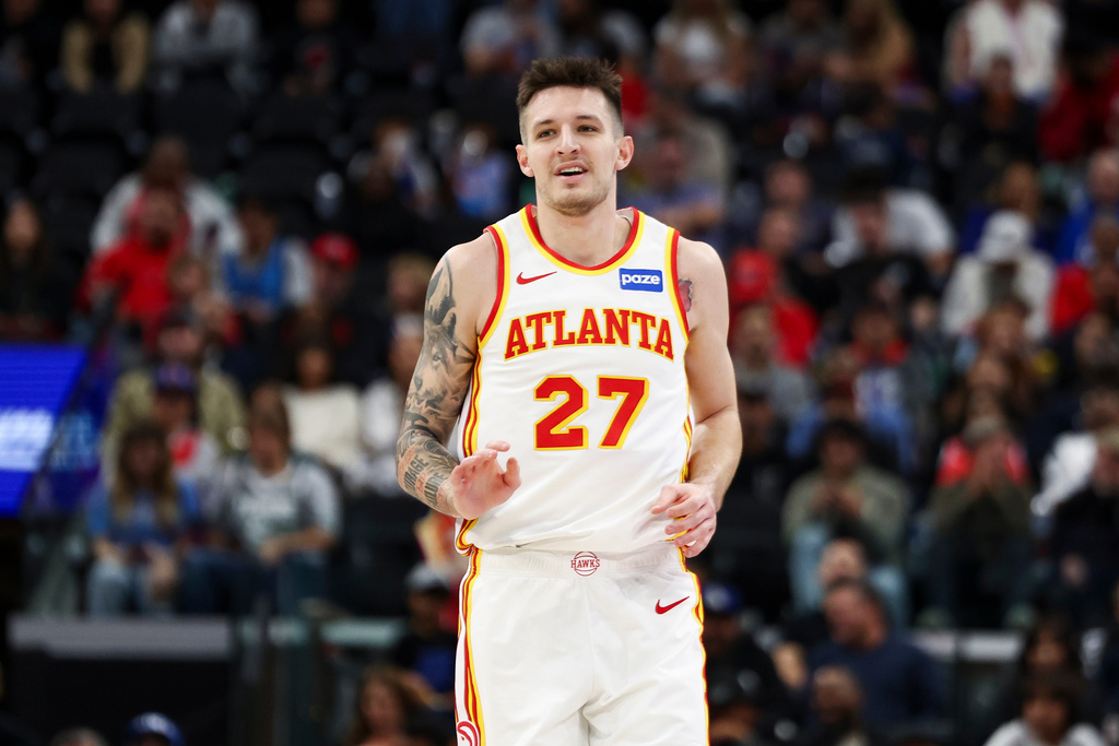Atlanta Hawks guard Vit Krejci reacts after scoring a basket during the first half of an NBA basketball game against the Los Angeles Clippers, Monday, Nov. 10, 2025, in Inglewood, Calif. (AP Photo/Jessie Alcheh)