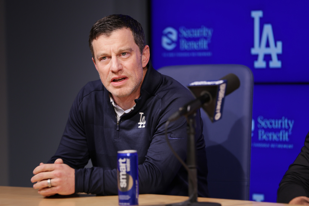 Los Angeles Dodgers President of Baseball Operations Andrew Friedman speaks during an introduction of Edwin Diaz as a new member of the baseball team Friday, Dec. 12, 2025, in Los Angeles. (AP Photo/Ethan Swope)