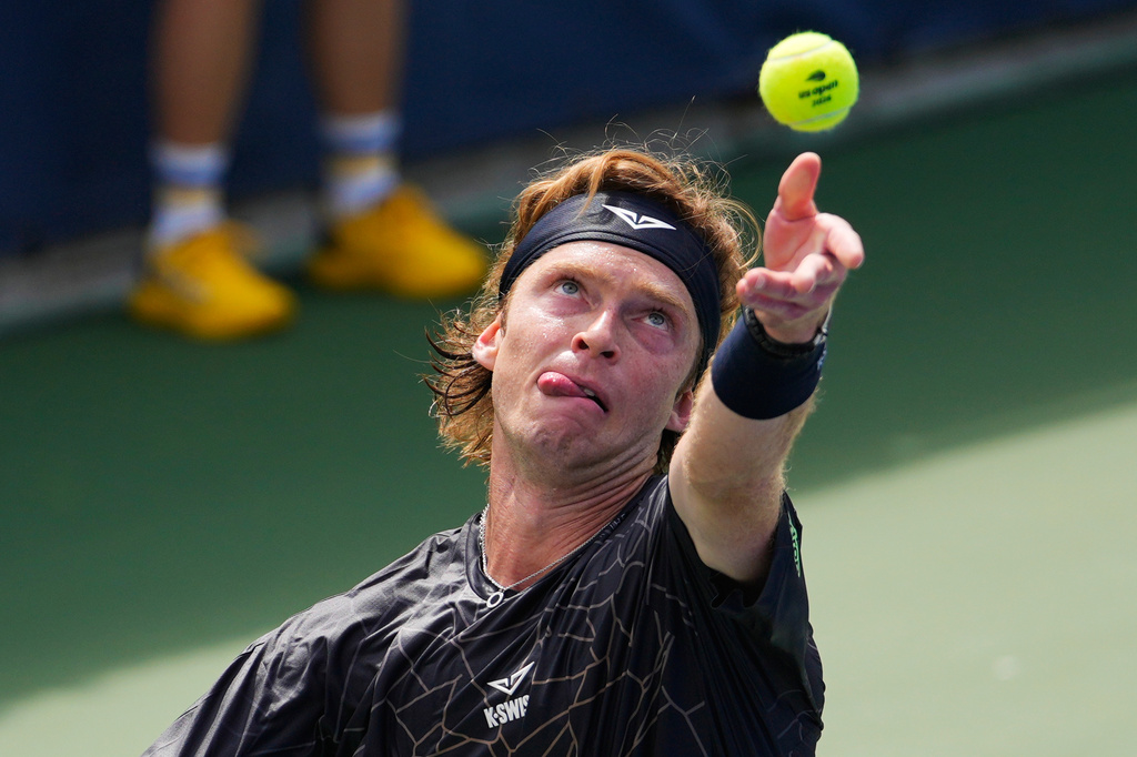 Andrey Rublev, of Russia, serves the ball to Otto Virtanen, of Finland, during the first round of the U.S. Open tennis championships Monday, Aug. 31, 2026, in New York. (AP Photo/Yuki Iwamura)