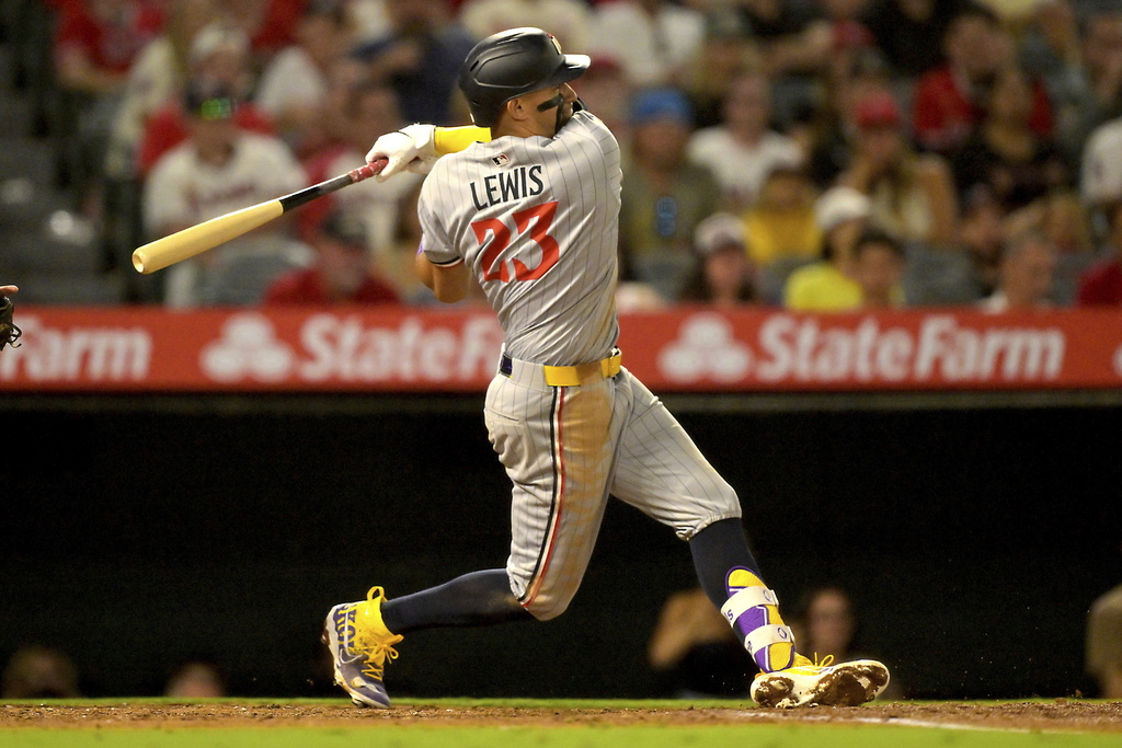 Minnesota Twins' Royce Lewis hits a two-run home run during the fifth inning of a baseball game against the Los Angeles Angels, Monday, Sept. 8, 2025, in Anaheim, Calif. (AP Photo/Jayne Kamin-Oncea)