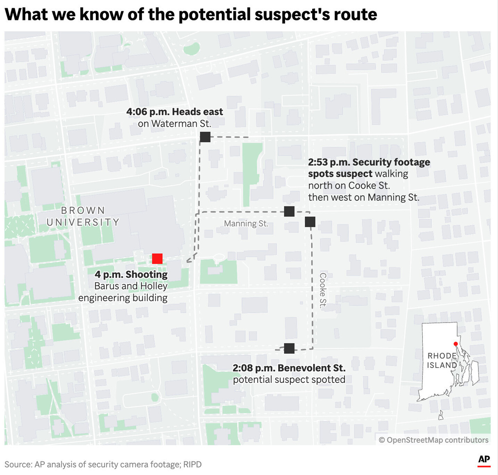 The map above shows the route of a potential suspect's route before and after the Brown University shooting. (AP Digital Embed)
