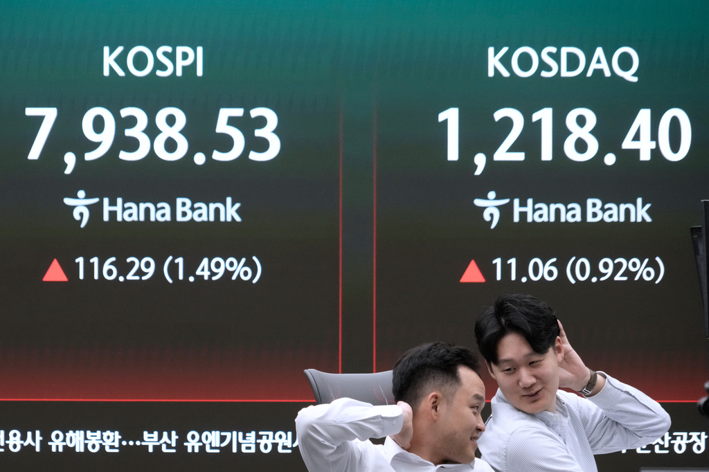 Currency traders react near a screen showing the Korea Composite Stock Price Index (KOSPI), left, at the foreign exchange dealing room of the Hana Bank headquarters in Seoul, South Korea, Tuesday, May 12, 2026. (AP Photo/Ahn Young-joon)