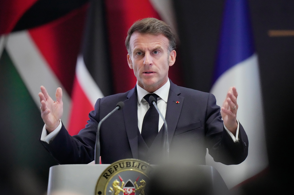 France's President Emmanuel Macron speaks during a joint press conference with Kenya's President William Ruto at State House in Nairobi, Kenya, Sunday, May 10, 2026. (AP Photo/Brian Inganga)