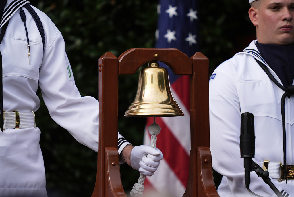 A bell is rung as each name is read, during a ceremony at the Pentagon to commemorate the 24th anniversary of the 9/11 attacks, Thursday, Sept. 11, 2025, in Washington. (AP Photo/Julia Demaree Nikhinson)