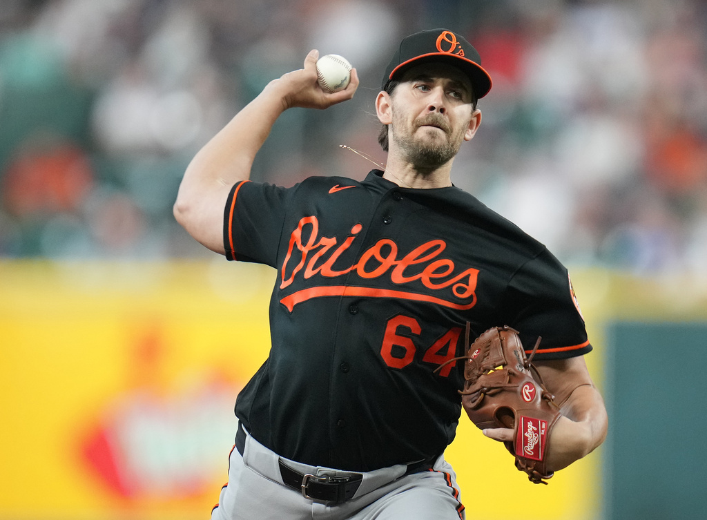 Baltimore Orioles starting pitcher Dean Kremer delivers to Houston Astros' Jeremy Pena during the first inning of a baseball game, Friday, July 17, 2026, in Houston. (AP Photo/Karen Warren)