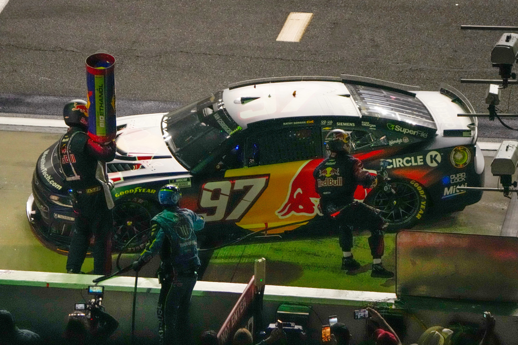 Shane Van Gisbergen (97) comes in for a pit stop during a NASCAR Cup Series auto race at Daytona International Speedway, Saturday, Aug. 29, 2026, in Daytona Beach, Fla. (AP Photo/John Raoux)
