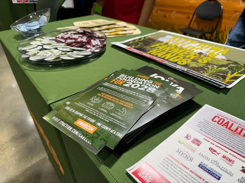 Turning Point Action outlines their goals for the 2028 presidential cycle at the Iowa State Fair in Des Moines, Iowa, Friday, Aug. 21, 2026. (AP Photo/Hannah Fingerhut)