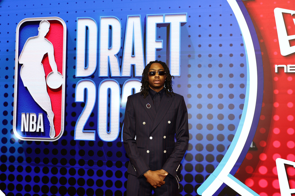 Isaiah Evans arrives for the first round of the NBA basketball draft Tuesday, June 23, 2026, in New York. (AP Photo/Adam Hunger)