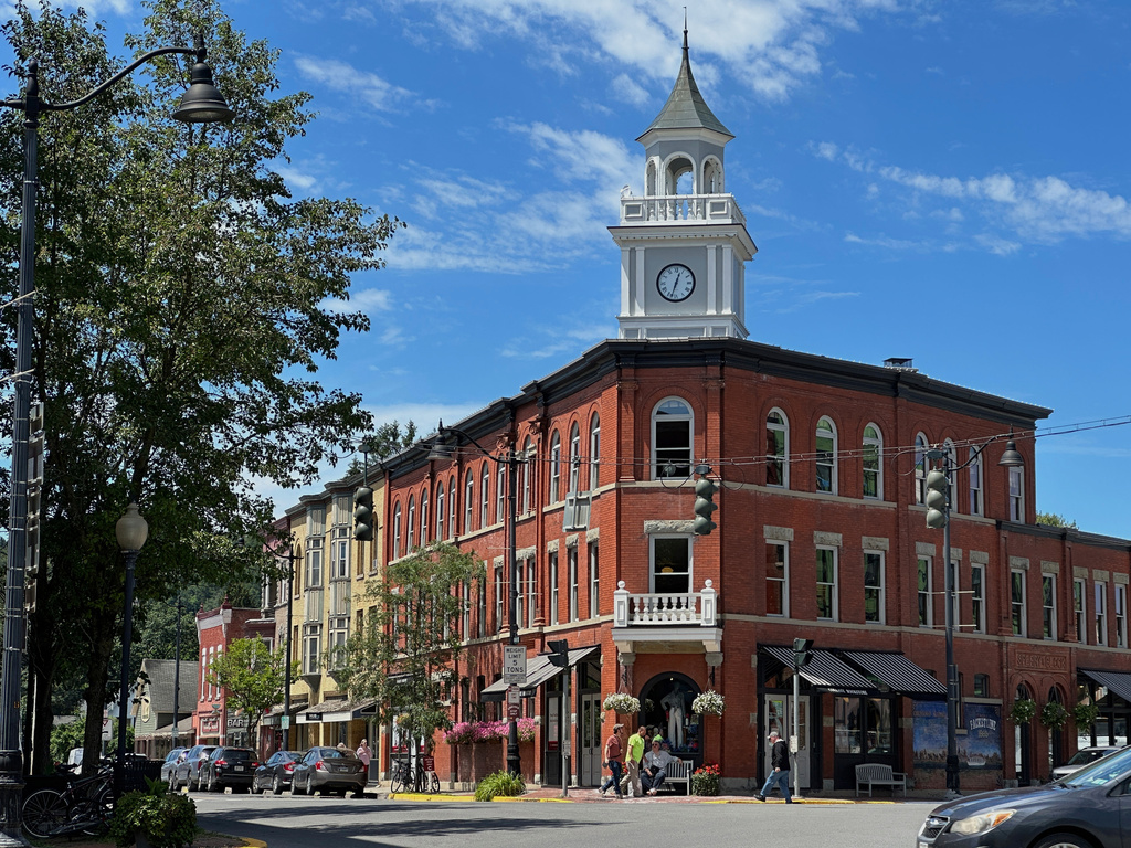 The main intersection of Hamilton, N.Y., on Friday, July 18, 2025. (AP Photo/Michael Hill)