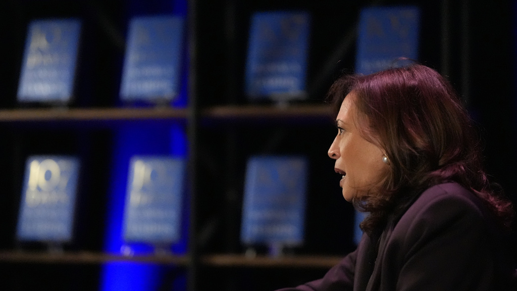 Former Vice President Kamala Harris speaks about her new book, "107 Days," during an event on Friday, Oct. 17, 2025, in Birmingham, Ala. (AP Photo/Mike Stewart)