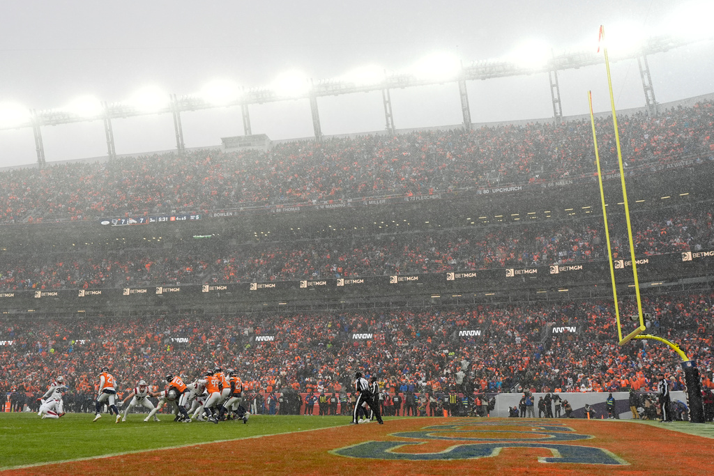 New England Patriots kicker Andy Borregales kicks a field goal against the Denver Broncos during the second half of the AFC Championship NFL football game, Sunday, Jan. 25, 2026, in Denver. (AP Photo/Ashley Landis)