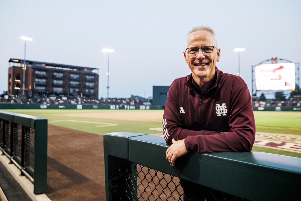 This photo provided by Mississippi State Athletics shows Mississippi State head coach Brian O'Connor in front of the third-base dugout, June 2, 2025, at Polk-Dement Stadium in Starkville, Miss. (Mike Mattina/Mississippi State Athletics via AP)