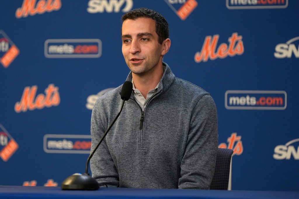 FILE - New York Mets President of Baseball Operations David Stearns responds to questions during a news conference about MLB trade deadline deals, Tuesday, July 30, 2024, in New York. (AP Photo/Pamela Smith, File)