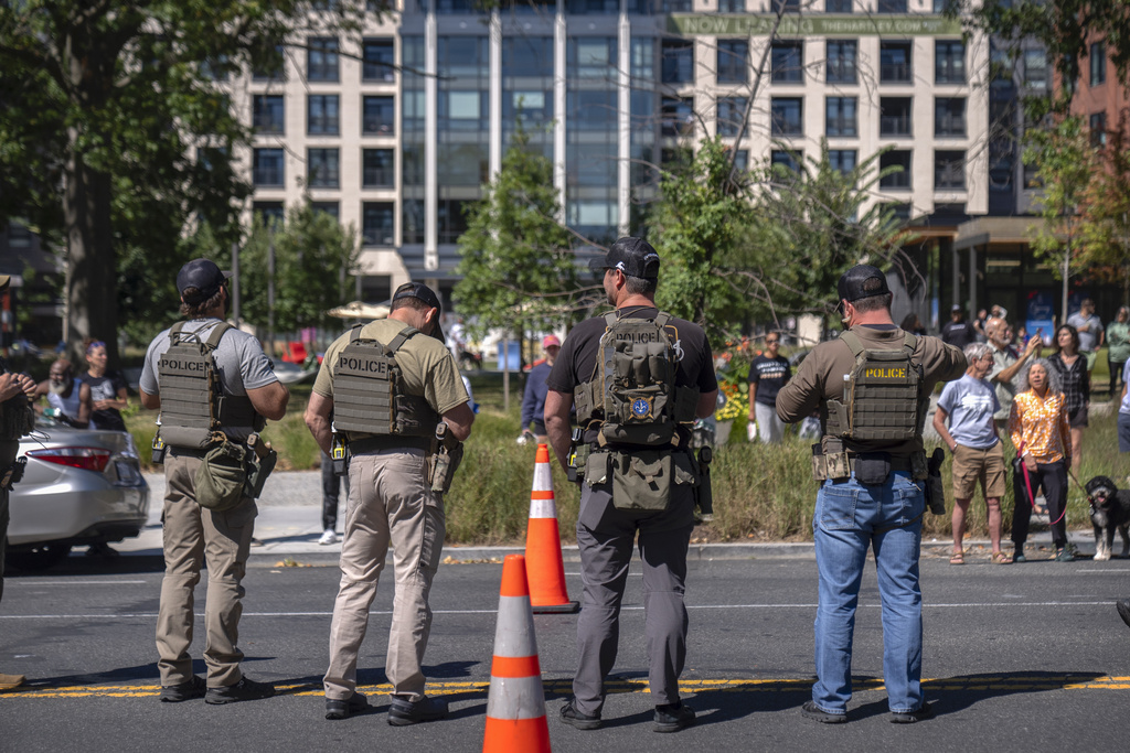 Federal agents stand at a checkpoint operated by the Metropolitan Police Department and federal agencies, including officers from Immigration and Customs Enforcement (ICE) and Homeland Security Investigations (HSI), on Georgia Avenue in the northern part of Washington, Saturday, Aug. 30, 2025. (AP Photo/Mark Schiefelbein)