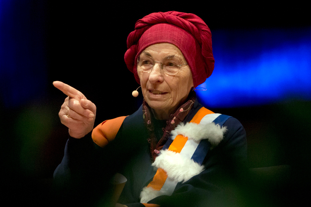 FILE -Italy's Emma Bonino speaks after receiving her honorary doctorate from the University of Brussels during a ceremony at Flagey in Brussels on Wednesday, Nov. 29, 2017. (AP Photo/Virginia Mayo, File)