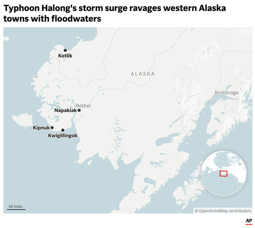 The map above locates towns in western Alaska impacted by floodwaters and storm surge from typhoon Halong. (AP Digital Embed) The map above locates towns in western Alaska impacted by floodwaters and storm surge from typhoon Halong. (AP Digital Embed)