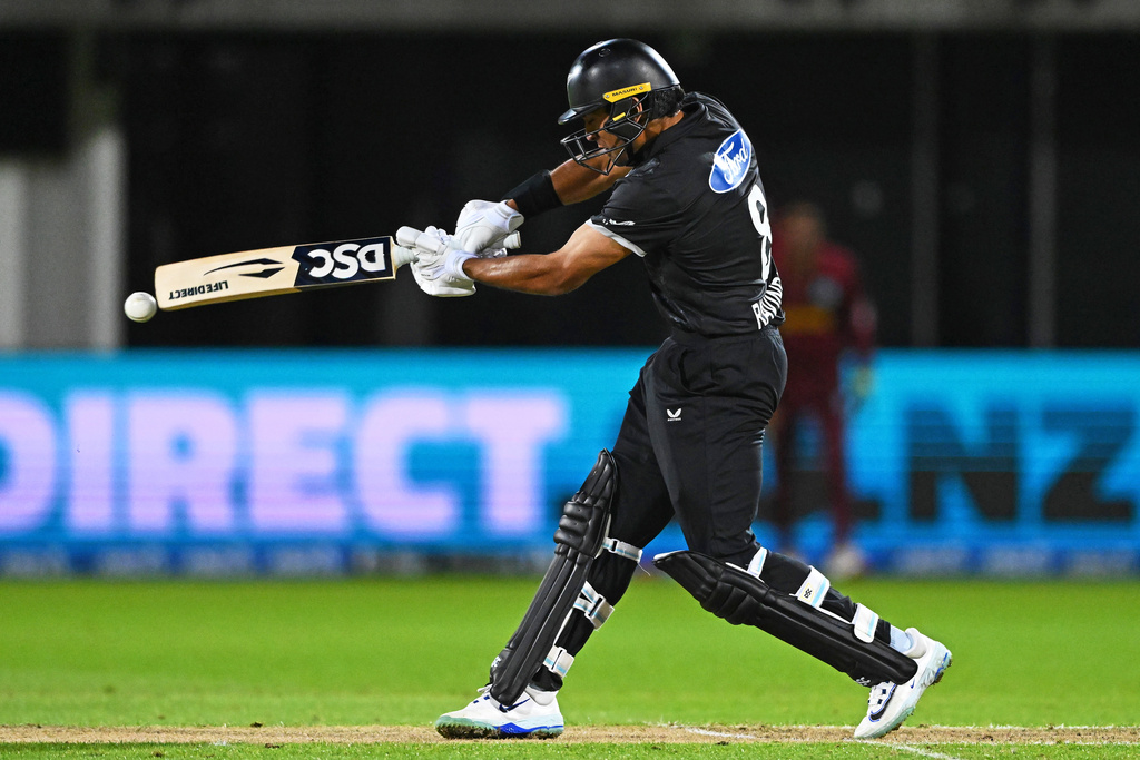 New Zealand's Rachin Ravindra bats against the West Indies during their One Day International cricket match in Napier, New Zealand, Wednesday Nov. 19, 2025. (Kerry Marshall/Photosport via AP)
