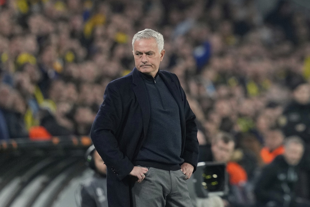 FILE - Fenerbahce's head coach Jose Mourinho looks on prior to the Europa League round of 16 first leg soccer match between Fenerbahce and Rangers at Sukru Saracoglu stadium in Istanbul, Turkey, Thursday, March 6, 2025. (AP Photo/Khalil Hamra , File)