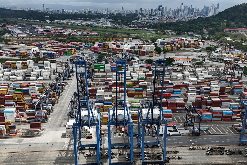 Containers sit at the Balboa terminal, run by CK Hutchison's Panama Ports Co., after Panama's government ordered the occupation of the port following a Supreme Court ruling that the concession was unconstitutional, in Panama City, Monday, Feb. 23, 2026. (AP Photo/Matias Delacroix)