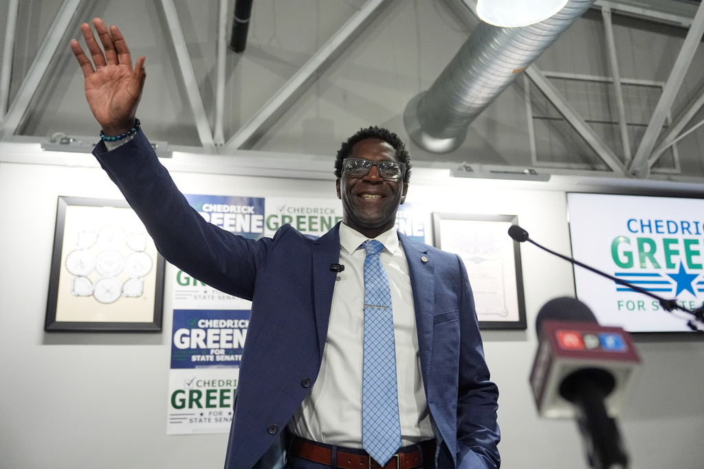 Chedrick Greene, Democratic candidate for 35th Senate District, speaks Tuesday, May 5, 2026 in Saginaw, Mich. (AP Photo/Paul Sancya)
