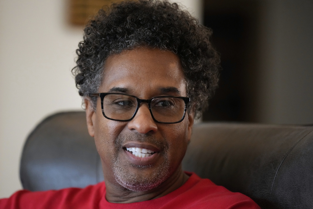 Senior pastor Emanuel Cleaver III, talks about the Missouri legislature's plans to divide Missouri's 5th congressional district among three districts, in an effort to flip a seat held by his father to republican, at St. James Church Sunday, Sept. 7, 2025, in Kansas City, Mo. (AP Photo/Charlie Riedel)