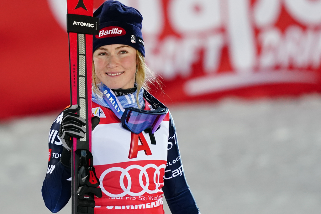 United States' Mikaela Shiffrin smiles after winning an alpine ski, women's World Cup slalom in Semmering, Austria, Sunday, Dec. 28, 2025. (AP Photo/Pier Marco Tacca)