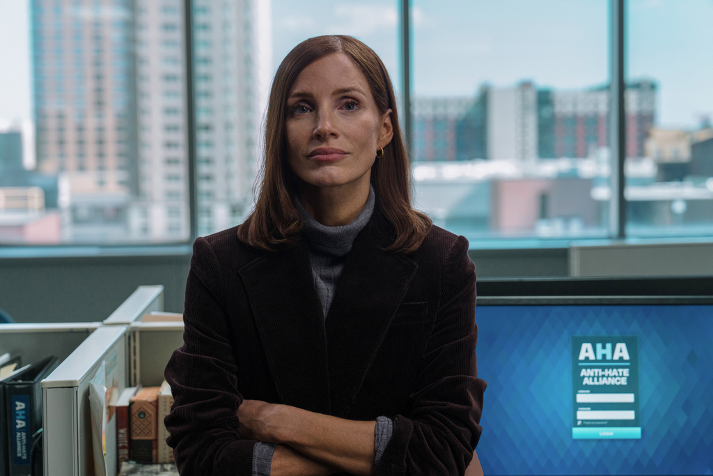 This image released by Apple TV+ shows Jessica Chastain in a scene from "The Savant." (Elizabeth Fisher/Apple TV+ via AP)