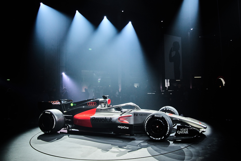 The new Audi Revolut F1 car is presented ahead of the 2026 Formula One season, in Berlin, Germany, Tuesday, Jan. 20, 2026. (AP Photo/Ebrahim Noroozi)