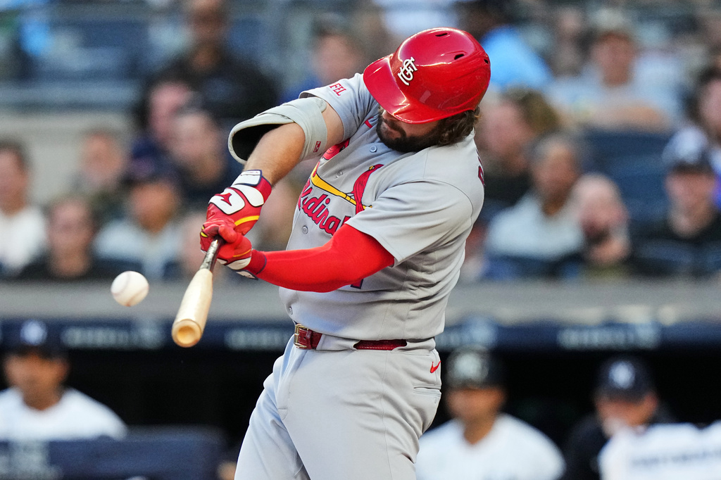 St. Louis Cardinals' Alec Burleson hits a two-run home run during the first inning of a baseball game against the New York Yankees Monday, Aug. 3, 2026, in New York. (AP Photo/Frank Franklin II)