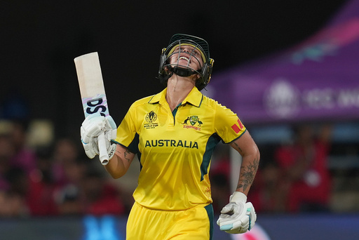 Australia's Ashleigh Gardner celebrates her century during the ICC Women's Cricket World Cup cricket match between New Zealand and Australia at Holkar Cricket Stadium in Indore, India, Wednesday, Oct. 1, 2025. (AP Photo/Rafiq Maqbool) Australia's Ashleigh Gardner celebrates her century during the ICC Women's Cricket World Cup cricket match between New Zealand and Australia at Holkar Cricket Stadium in Indore, India, Wednesday, Oct. 1, 2025. (AP Photo/Rafiq Maqbool)