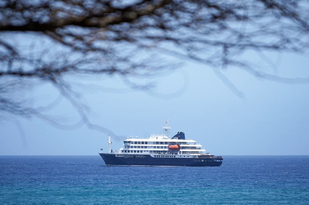 The MV Hondius cruise ship is anchored at a port in Praia, Cape Verde, Monday, May 4, 2026. (AP Photo/Arilson Almeida)