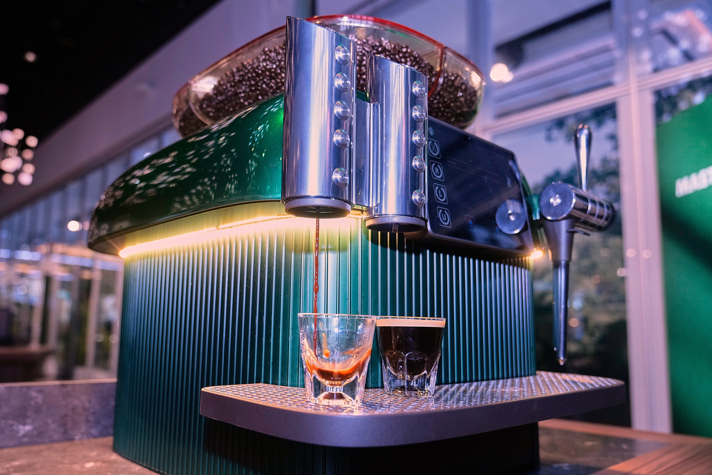 The Mastrena 3 espresso machine, a next-generation machine that will cut in half the 70 seconds it now takes to pull espresso shots, is displayed during the Starbucks Investor Day event in New York, Thursday, Jan. 29, 2026. (AP Photo/Richard Drew)