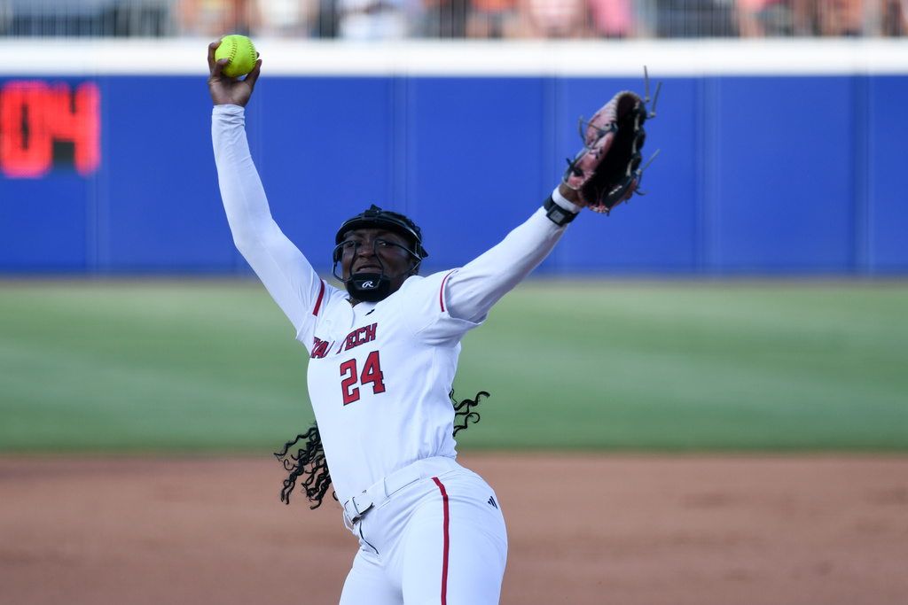 Texas Tech pitcher NiJaree Canady throws during the second game of the NCAA Women's College World Series softball finals against Texas in Oklahoma City, Thursday, June 4, 2026. (AP Photo/Kyle Phillips)