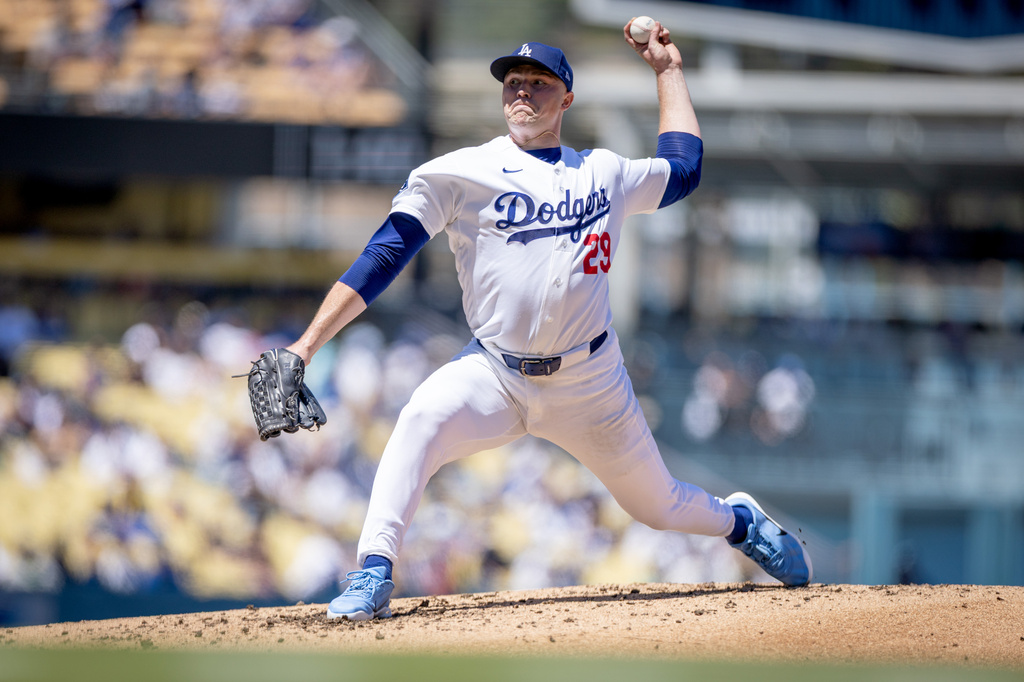 Los Angeles Dodgers pitcher Tarik Skubal (29) delivers during the second inning of a baseball game against the Milwaukee Brewers, Sunday, Aug. 16, 2026, in Los Angeles. (Eric Thayer/Los Angeles Times via AP)