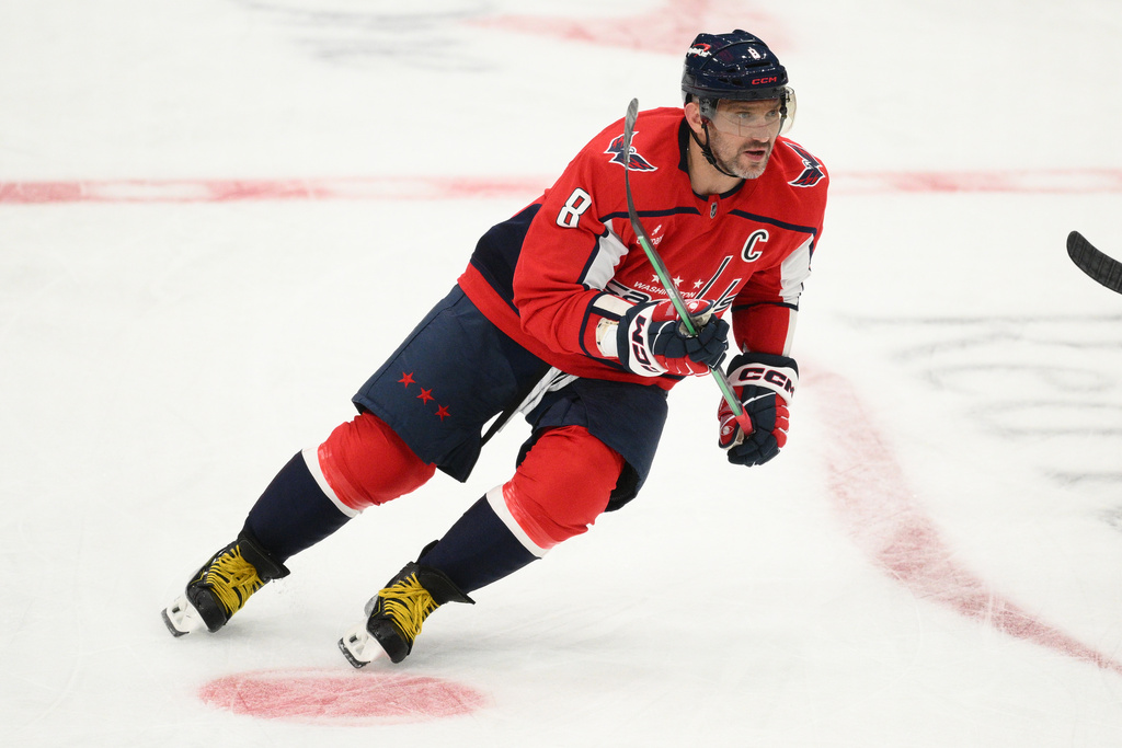 FILE - Washington Capitals left wing Alex Ovechkin (8) skates during the second period of an NHL preseason hockey game against the Boston Bruins, Thursday, October. 2, 2025, in Washington. (AP Photo/Nick Wass, FIle)