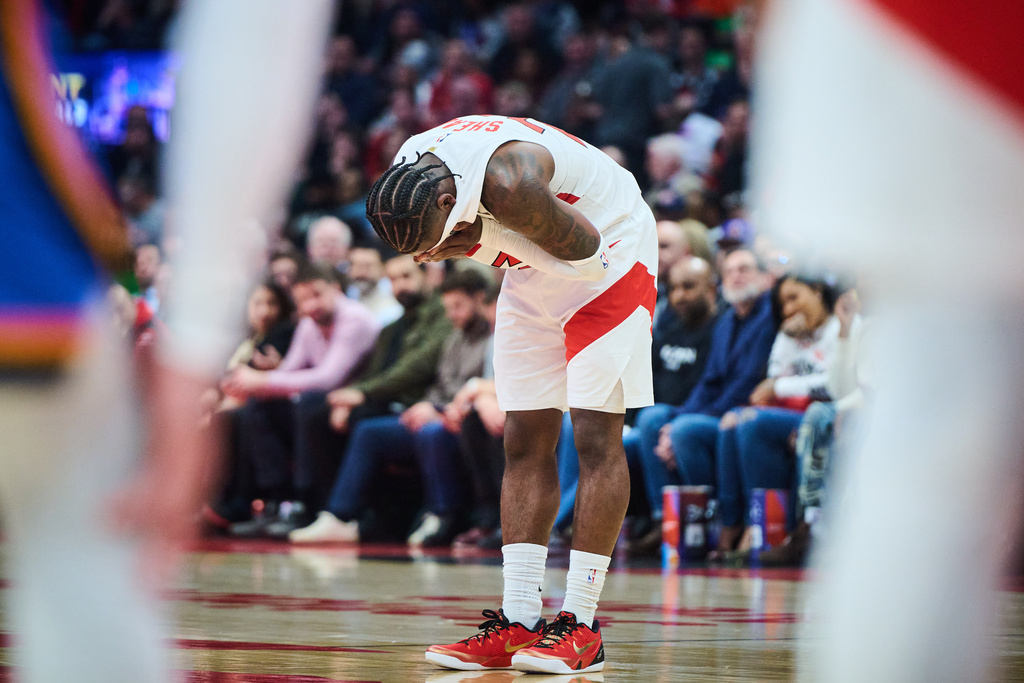 Toronto Raptors' Jamal Shead (23) reacts on a break in the play during the first half of an NBA basketball game against the Oklahoma City Thunder in Toronto, on Tuesday, Feb. 24, 2026. (Sammy Kogan/The Canadian Press via AP)