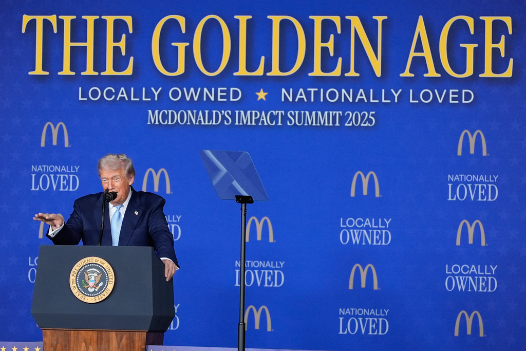 President Donald Trump speaks at the McDonald's Impact Summit, Monday, Nov. 17, 2025, in Washington. (AP Photo/Alex Brandon)