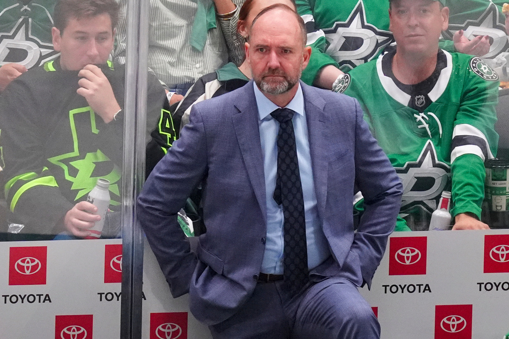 FILE - Dallas Stars head coach Peter DeBoer looks on during the third period in Game 2 of the Western Conference finals in the NHL hockey Stanley Cup playoffs, Friday, May 23, 2025, in Dallas. (AP Photo/LM Otero, File)