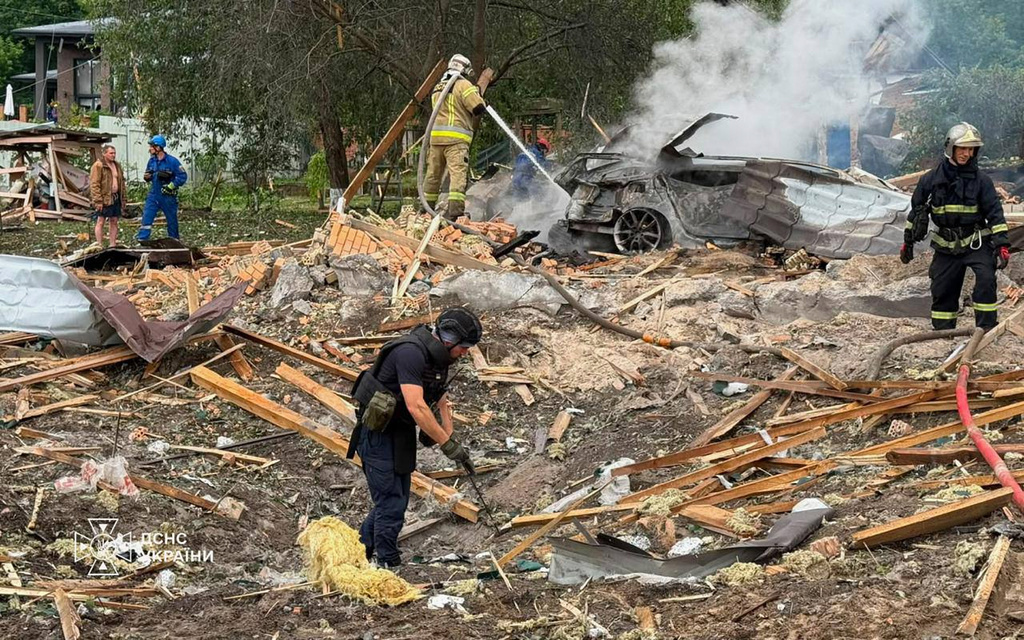 This photo provided by the Ukrainian Emergency Service, shows the site of Russian missile strikes in Kyiv region, Ukraine, Friday, July 24, 2026. (Ukrainian Emergency Service via AP)