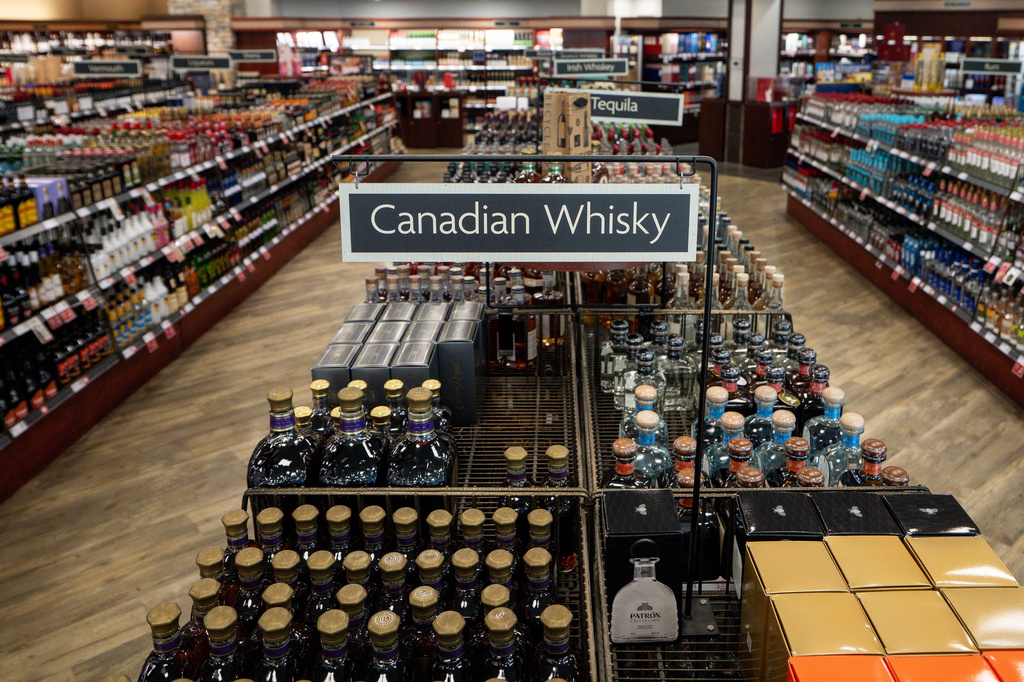 Canadian whisky is pictured at a British Columbia Liquor store in Vancouver on Tuesday, Aug. 25, 2026. (Ethan Cairns/The Canadian Press via AP)