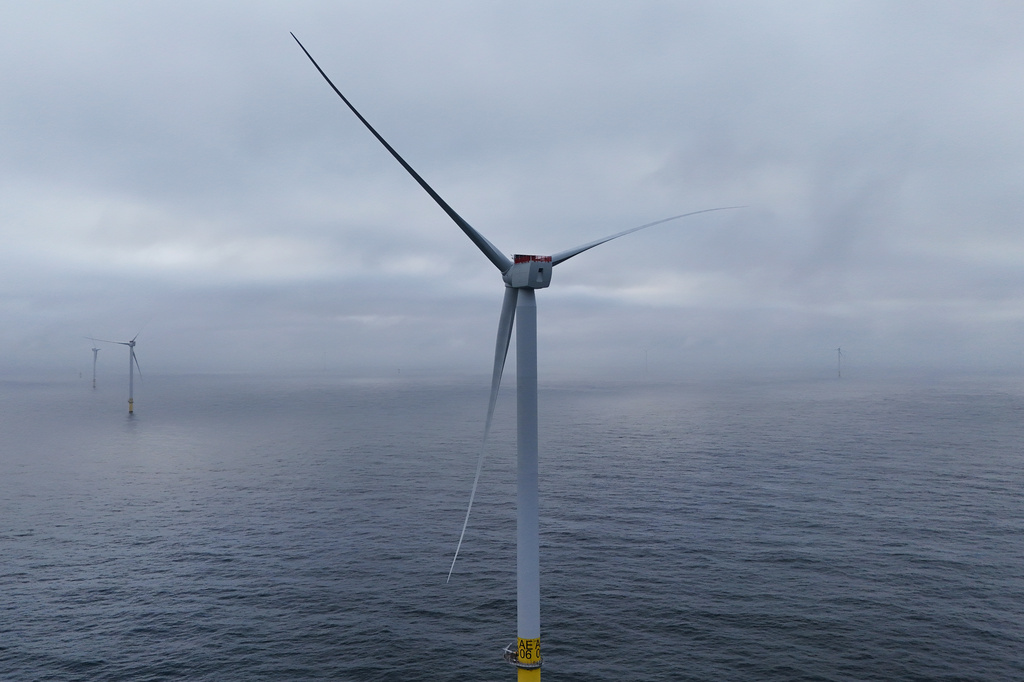Turbines are visible at Revolution Wind offshore wind farm that is under construction off the coast of Rhode Island, Thursday, April 23, 2026. (AP Photo/Joshua A. Bickel)
