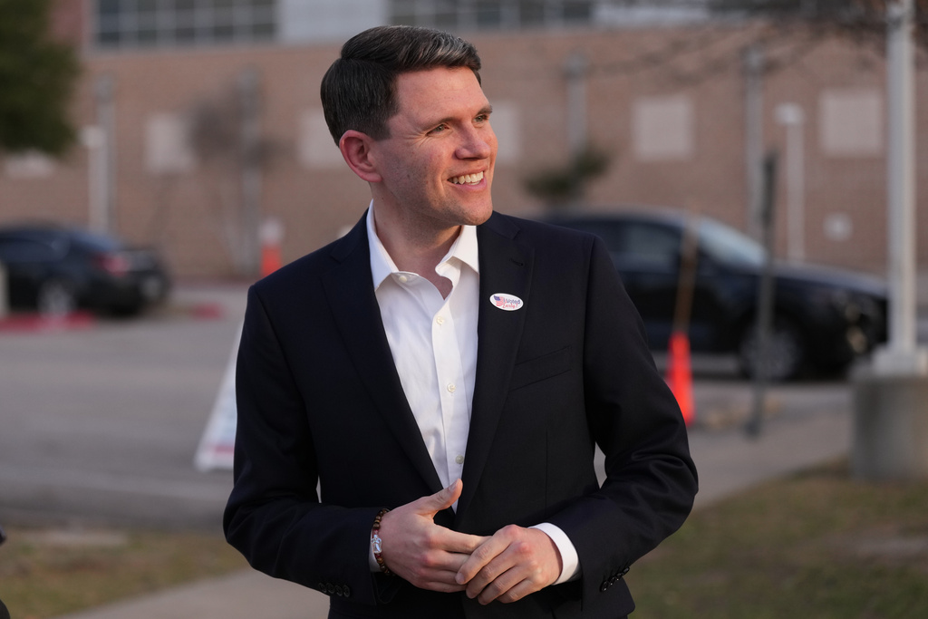 Texas state Rep. James Talarico, D-Austin, a Democratic candidate for the U.S. Senate, speaks to the media after voting, in Austin, Texas, Tuesday, Feb. 17, 2026. (AP Photo/Eric Gay)