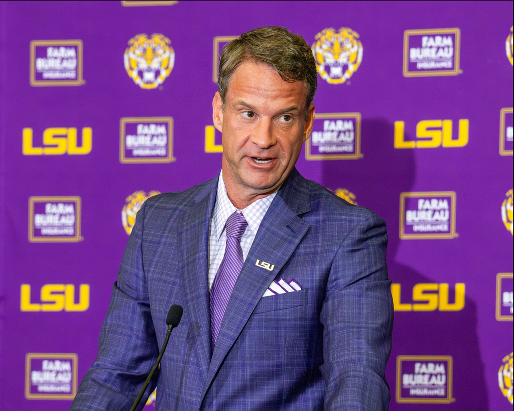 LSU's new head football coach Lane Kiffin gives an opening statement at an introductory news conference, Monday, Dec. 1, 2025, in Baton Rouge, La. (Michael Johnson/The Advocate via AP, File)