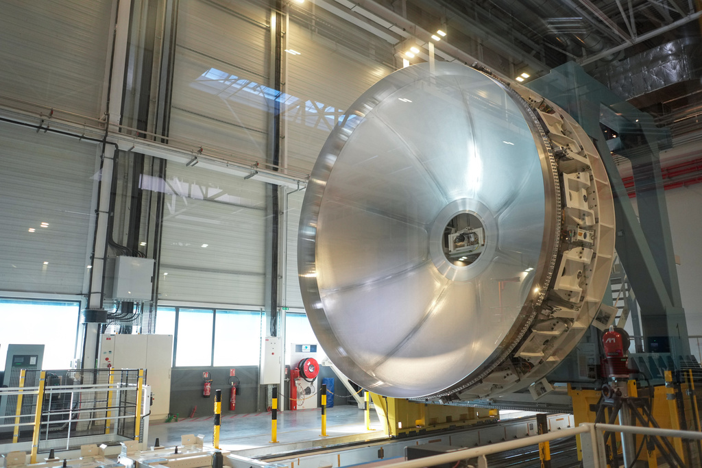 A partial view of assembly line of the Ariane 64 rocket, in Les Mureaux, west of Paris, Wednesday, Feb. 4, 2026. (AP Photo/Thibault Camus)