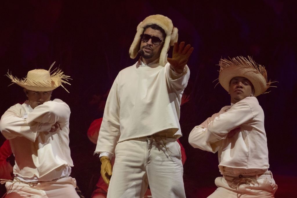 Bad Bunny performs during the final concert of his summer residency in his homeland at the Coliseo de Puerto Rico Jose Miguel Agrelot, in San Juan, Puerto Rico, Saturday, Sept. 20, 2025. (AP Photo/Alejandro Granadillo)