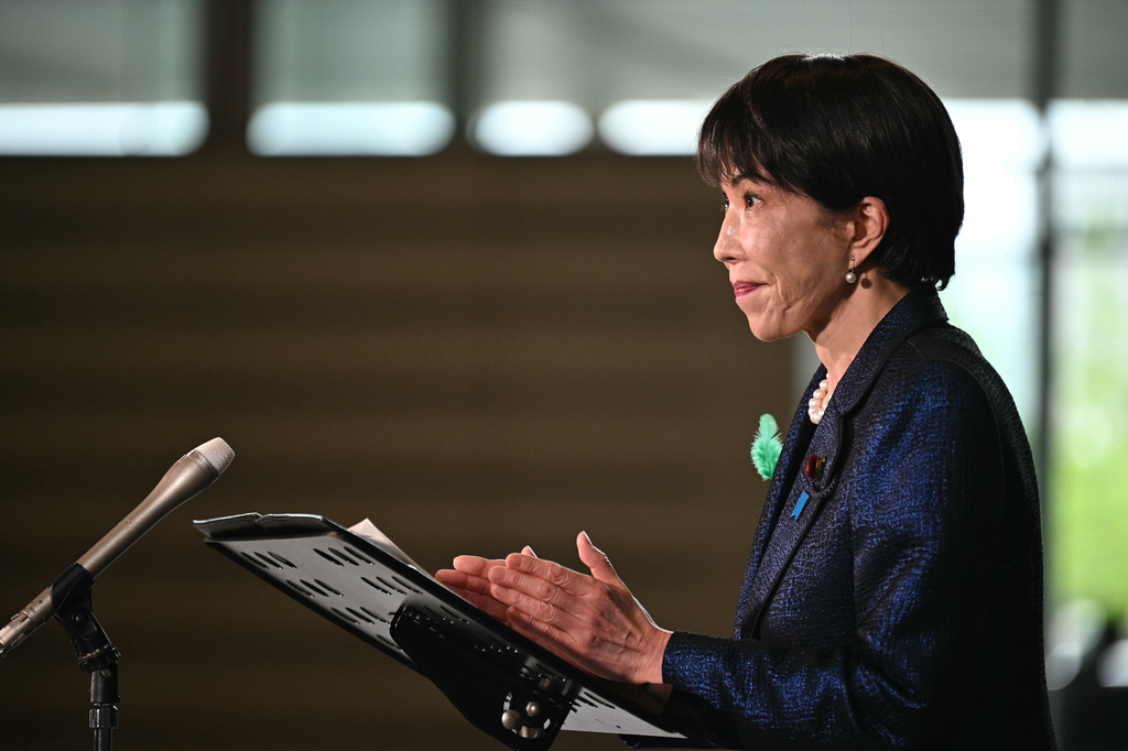 Japan's Prime Minister Sanae Takaichi speaks to the media at the prime minister's office in Tokyo Wednesday, April 15, 2026. (Philip Fong/Pool Photo via AP)