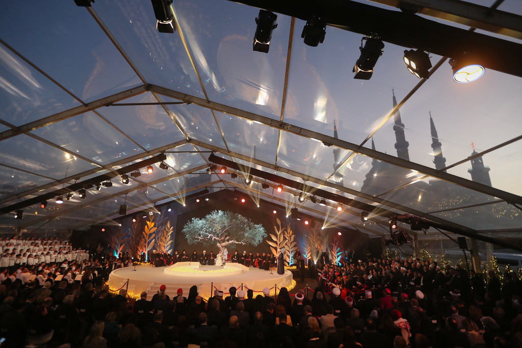Pope Leo XIV attends an ecumenical and interreligious meeting at Martyrs' Square in downtown Beirut, Lebanon, Monday, Dec. 1, 2025. (AP Photo/Mohammad Zaatari)