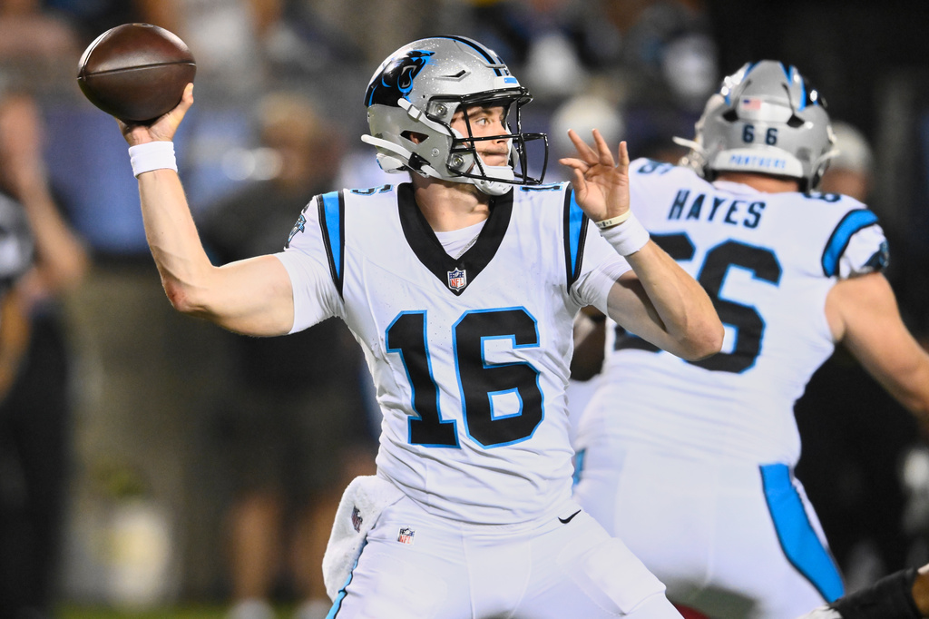 Carolina Panthers quarterback Haynes King (16) passes in the second half of the Pro Football Hall of Fame NFL preseason game against the Arizona Cardinals in Canton, Ohio, Thursday, Aug. 6, 2026. (AP Photo/David Richard)
